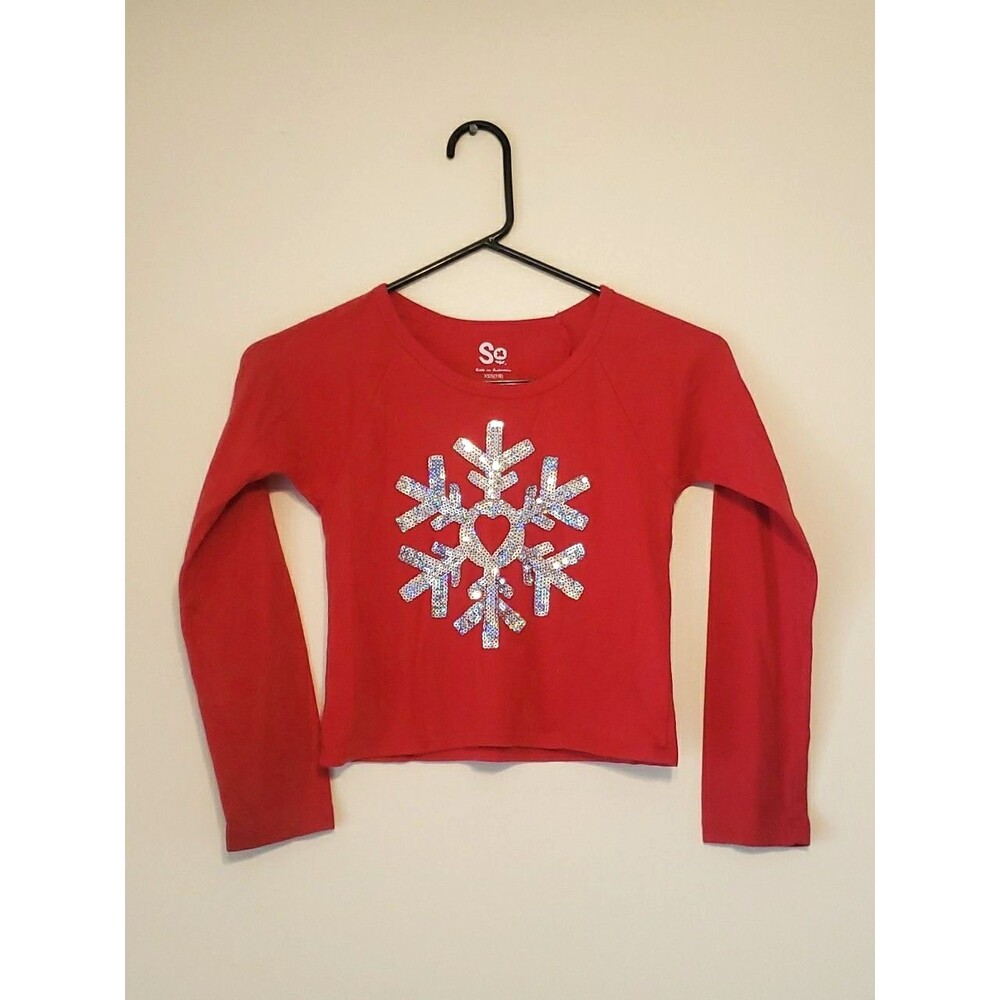 Kohls SO Silver Sequin Snowflake Red Long Sleeve Crop Top Size XS/S (7/8) Girls